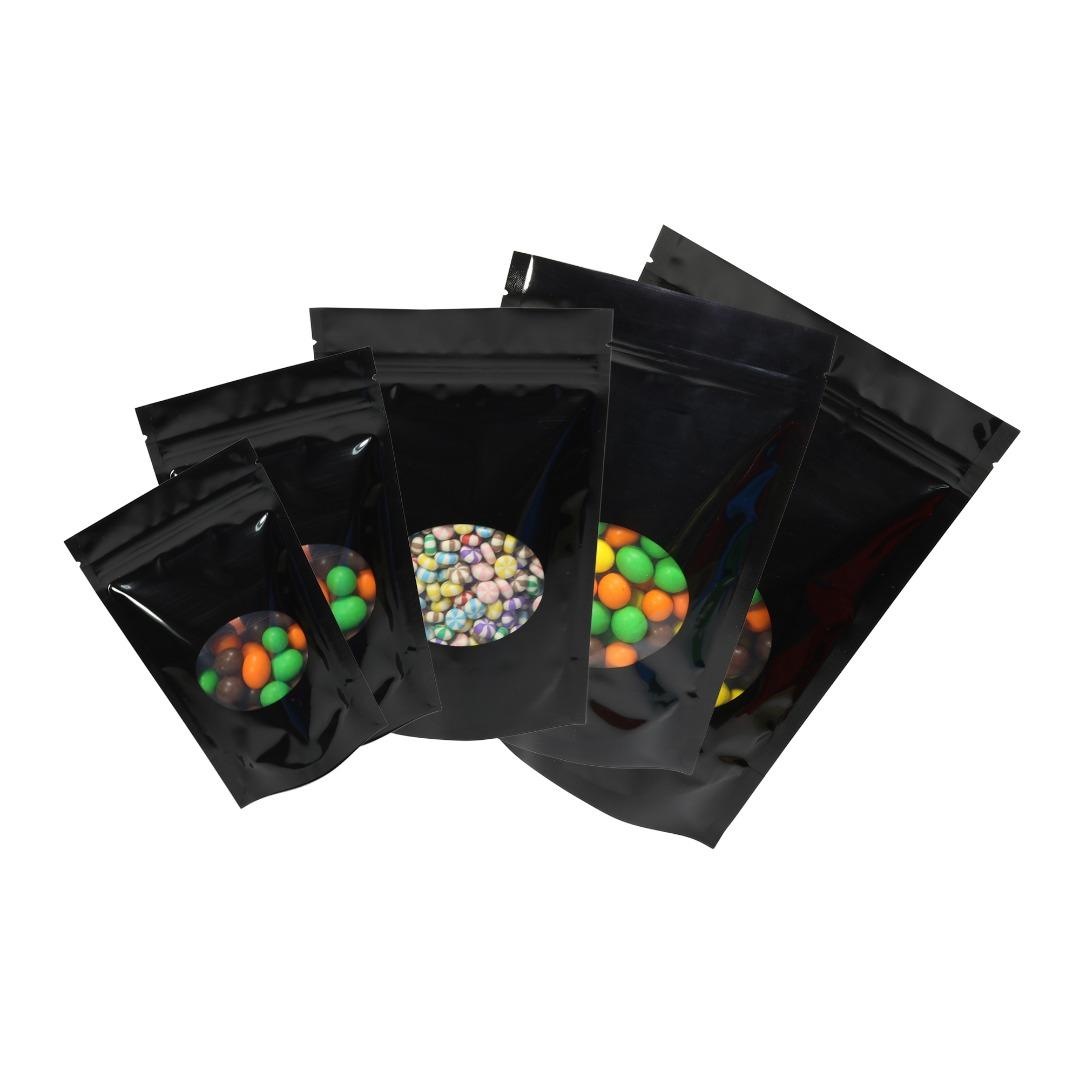 100x Grip Seal Bags Black with Round Clear Window Gusset Base Very Strong BPA Free Smell Free Food Packaging