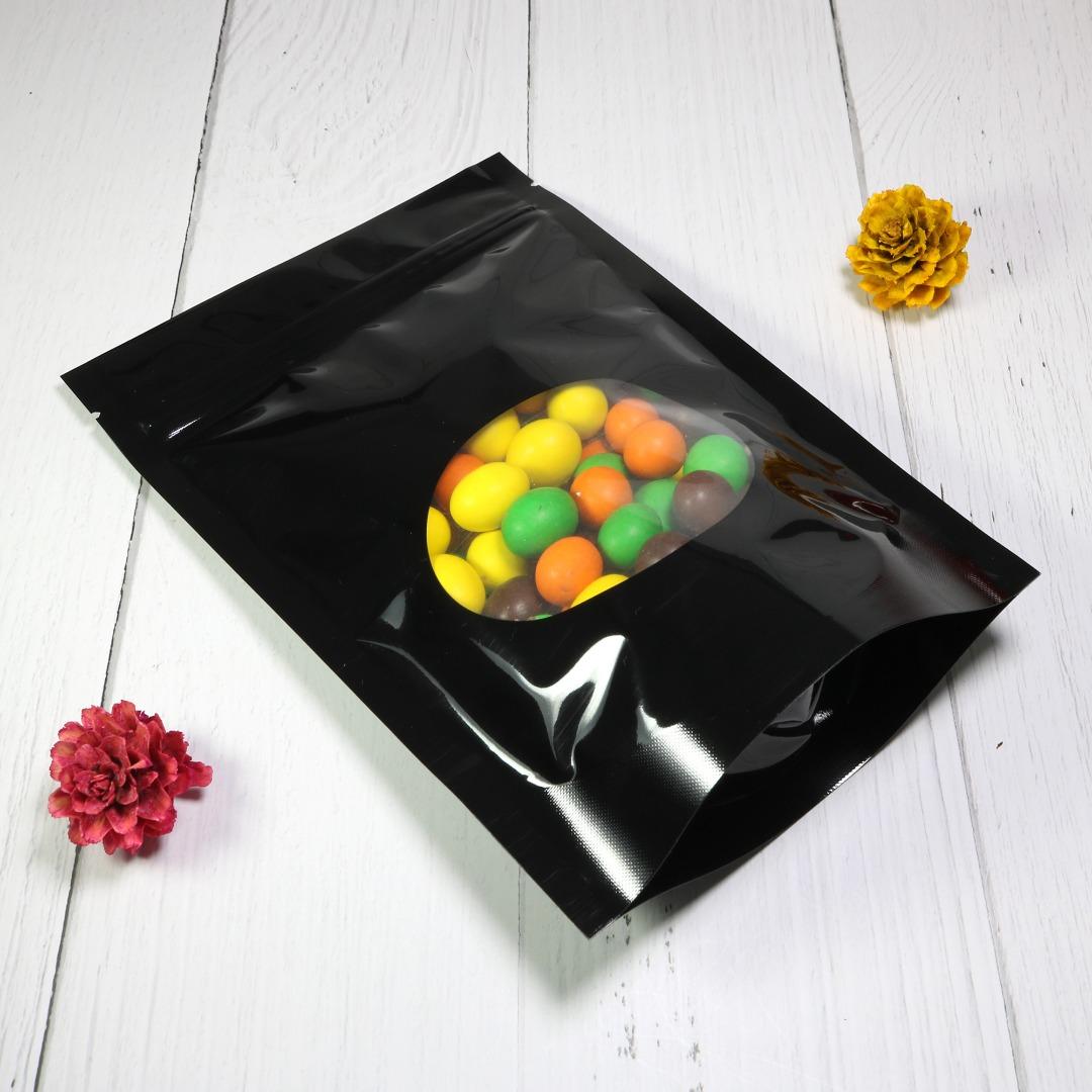 100x Grip Seal Bags Black with Round Clear Window Gusset Base Very Strong BPA Free Smell Free Food Packaging