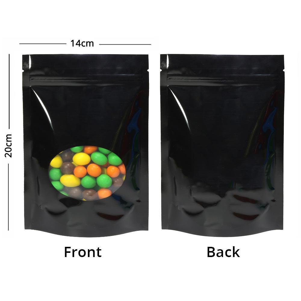 100x Grip Seal Bags Black with Round Clear Window Gusset Base Very Strong BPA Free Smell Free Food Packaging