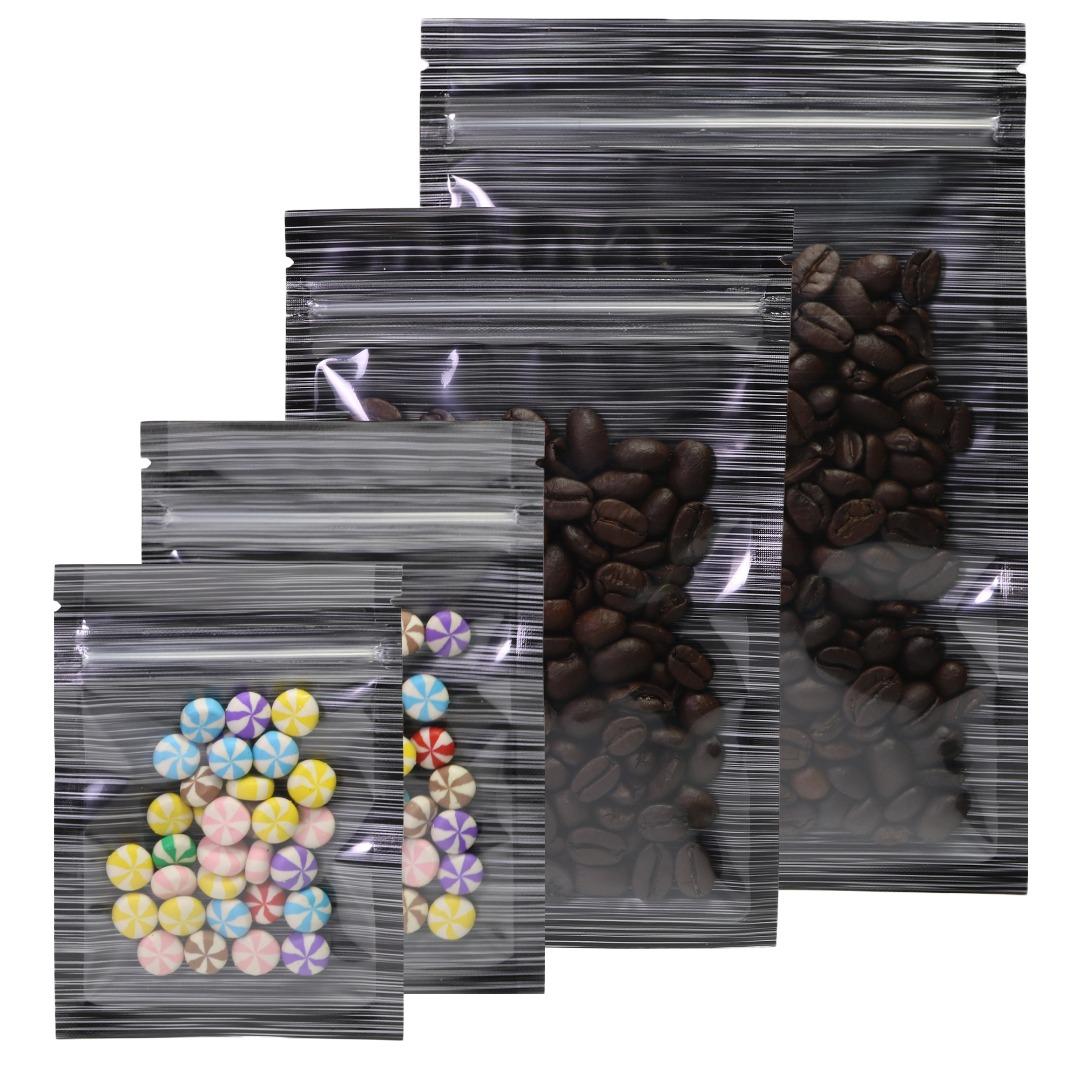 100x Clear Black Stripe Grip Seal Bags Flat Pouch For Food Packaging Heat Seal-able BPA Free Smell Free