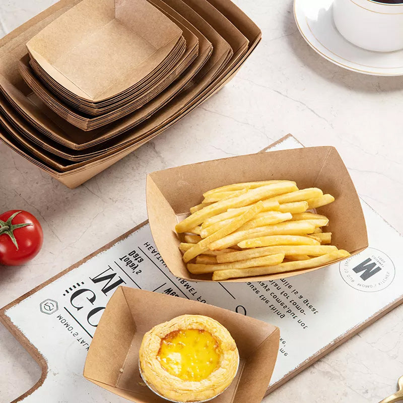 Kraft Paper Boat Tray Biodegradable Multi Size Serving Food Safe Fries Rice Deli