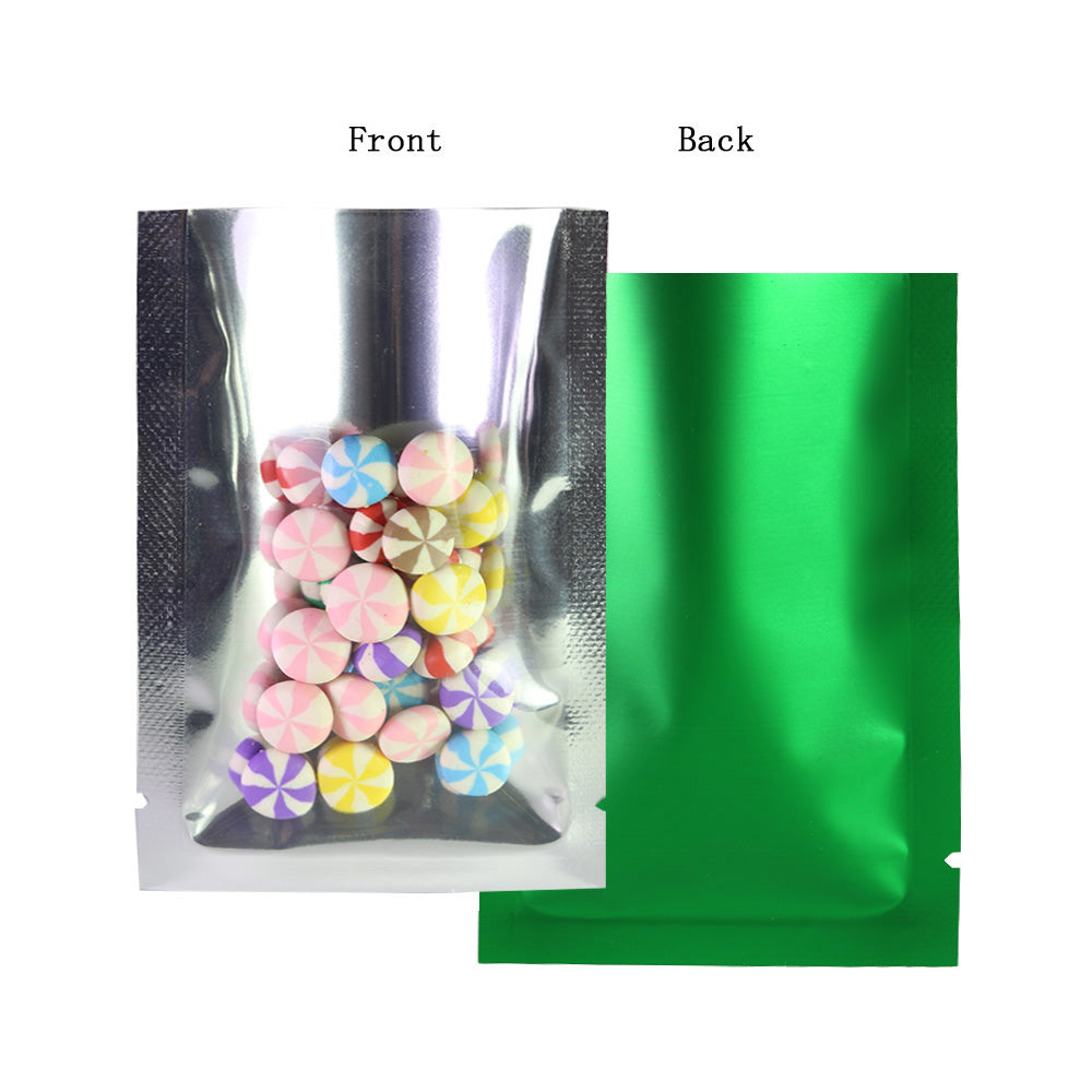 100x Open Top Food Bags Flat Sachet Pack Heat Sealant BPA Free Clear/Green
