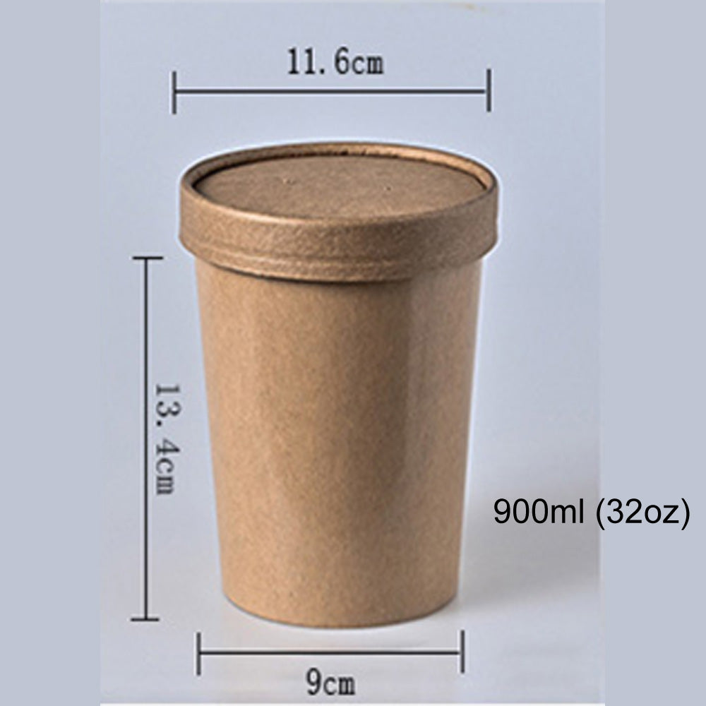 Biodegradable Kraft Paper Soup Bucket with Lid Takeaway Tubs Cups Noodles Deli