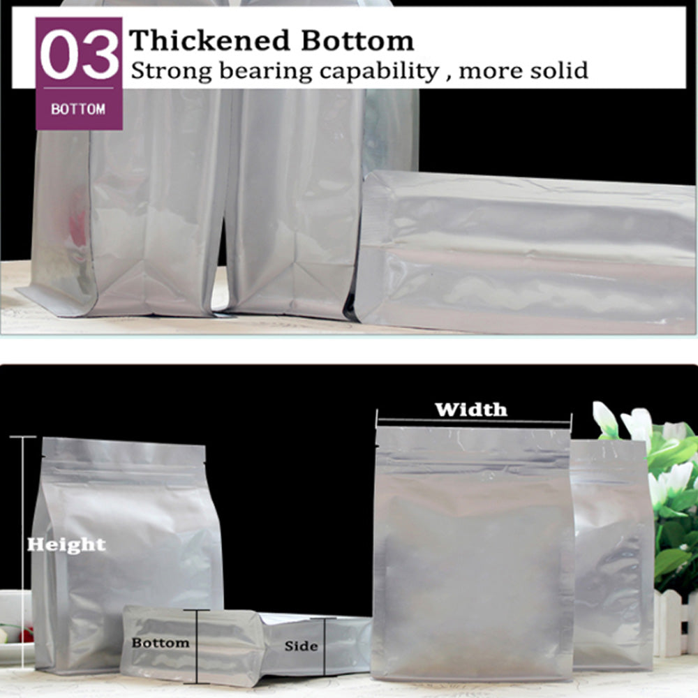 Silver Heavy Duty Strong Gripseal Bags w/ Square Gusset Stand-Up Smell Free Suitable For Food Packaging