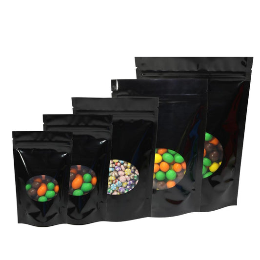 100x Grip Seal Bags Black with Round Clear Window Gusset Base Very Strong BPA Free Smell Free Food Packaging