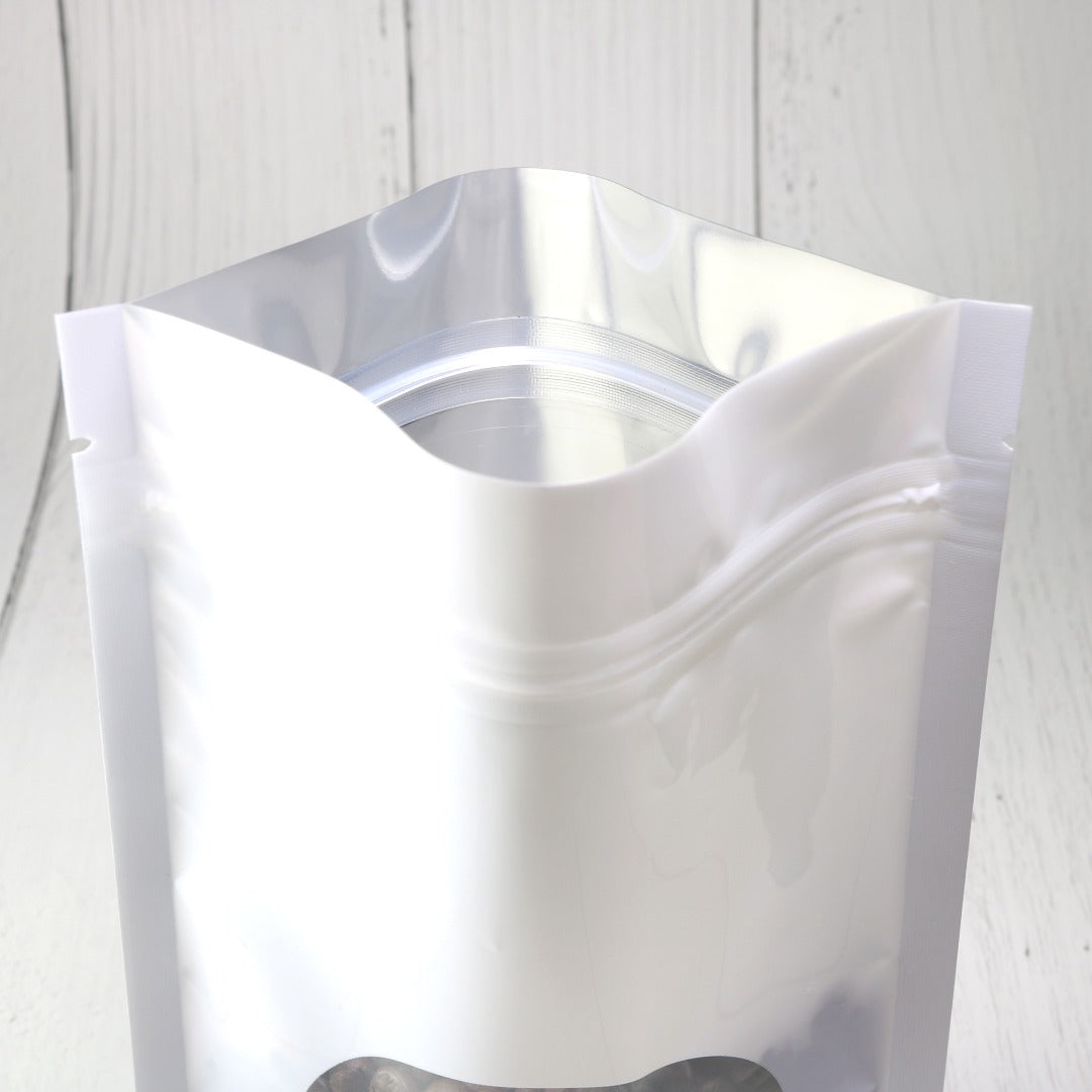 100x Grip Seal Bags White with Round Clear Window Gusset Base Very Strong BPA Free Smell Free Food Packaging