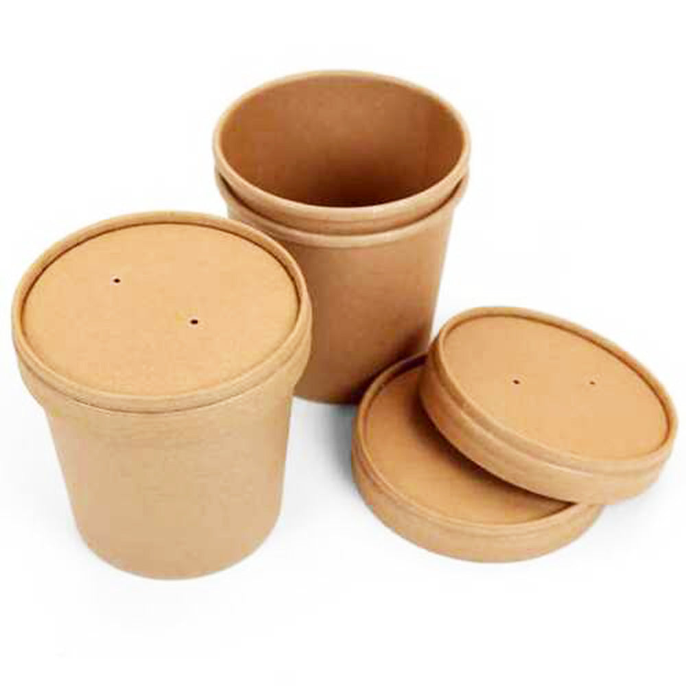 Biodegradable Kraft Paper Soup Bucket with Lid Takeaway Tubs Cups Noodles Deli